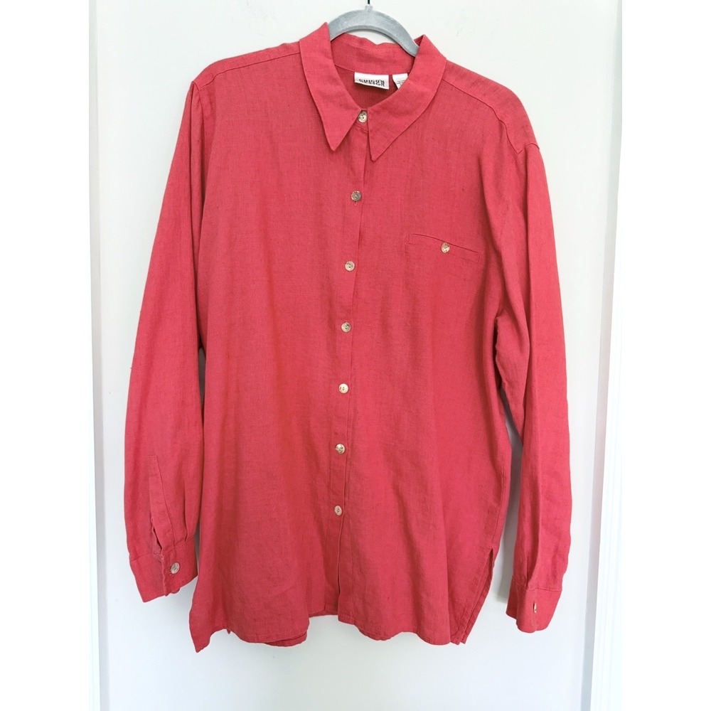 Chico's 100% Linen Button Down Shirt Women's Size 3 (XL) Long Sleeve Coral Red